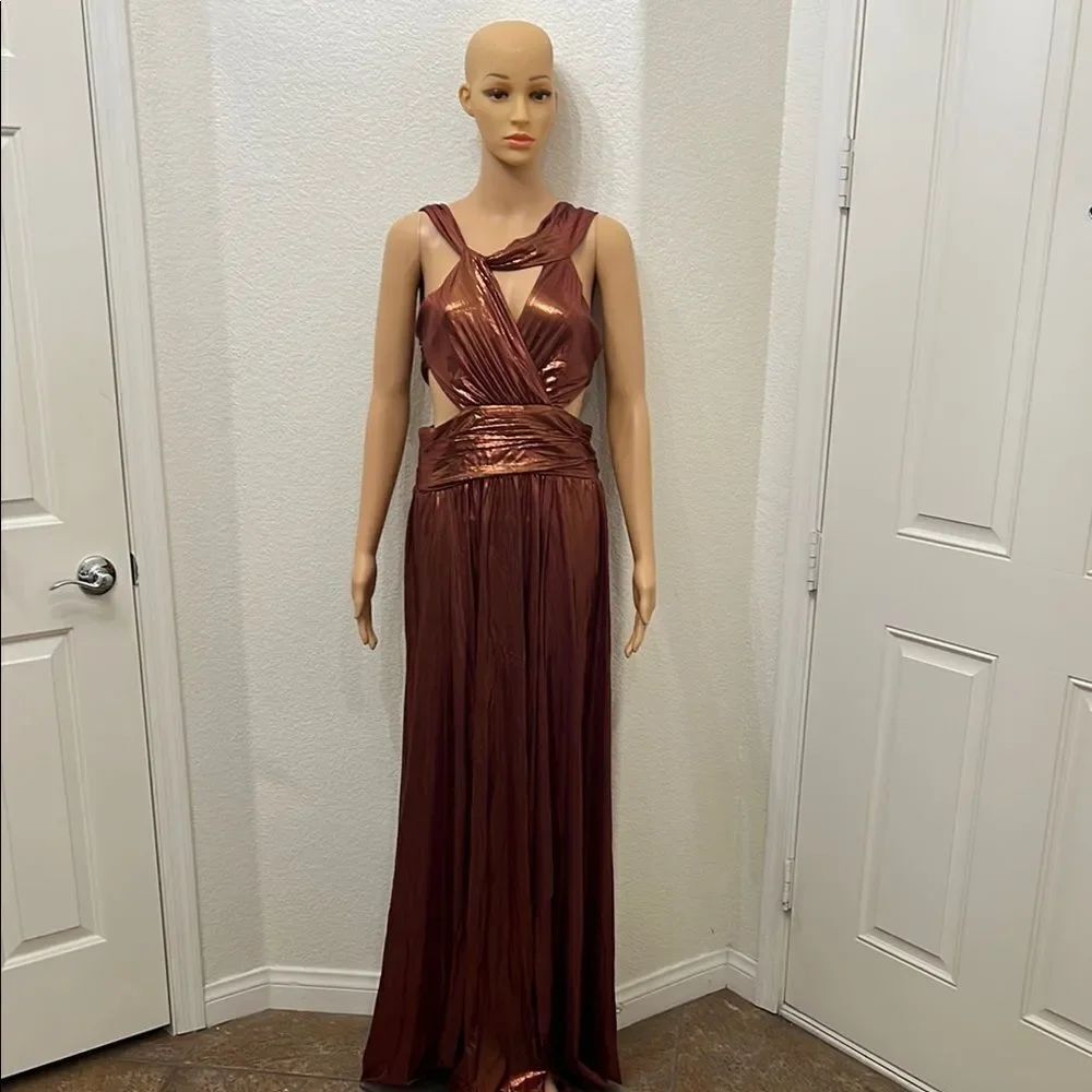 Fashion Nova Evening Dress Gold Bronze Metallic Cutout Silky Sexy Halter Gown